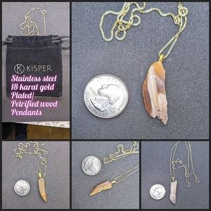 18 karat gold plated stainless steel necklaces with petrified wood pendants
